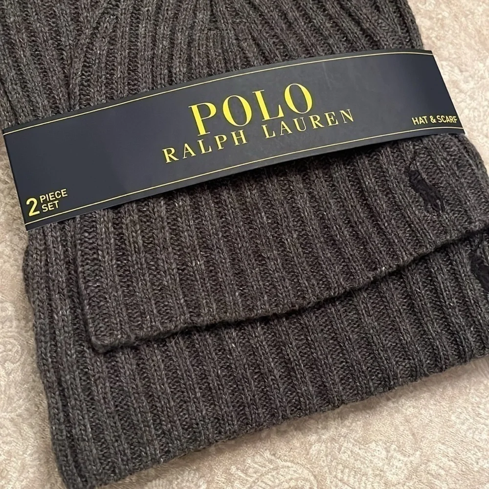 Brand New Polo Ralph Lauren 2-Piece Knit Beanie Hat & Scarf Set Gray Wool Pony
